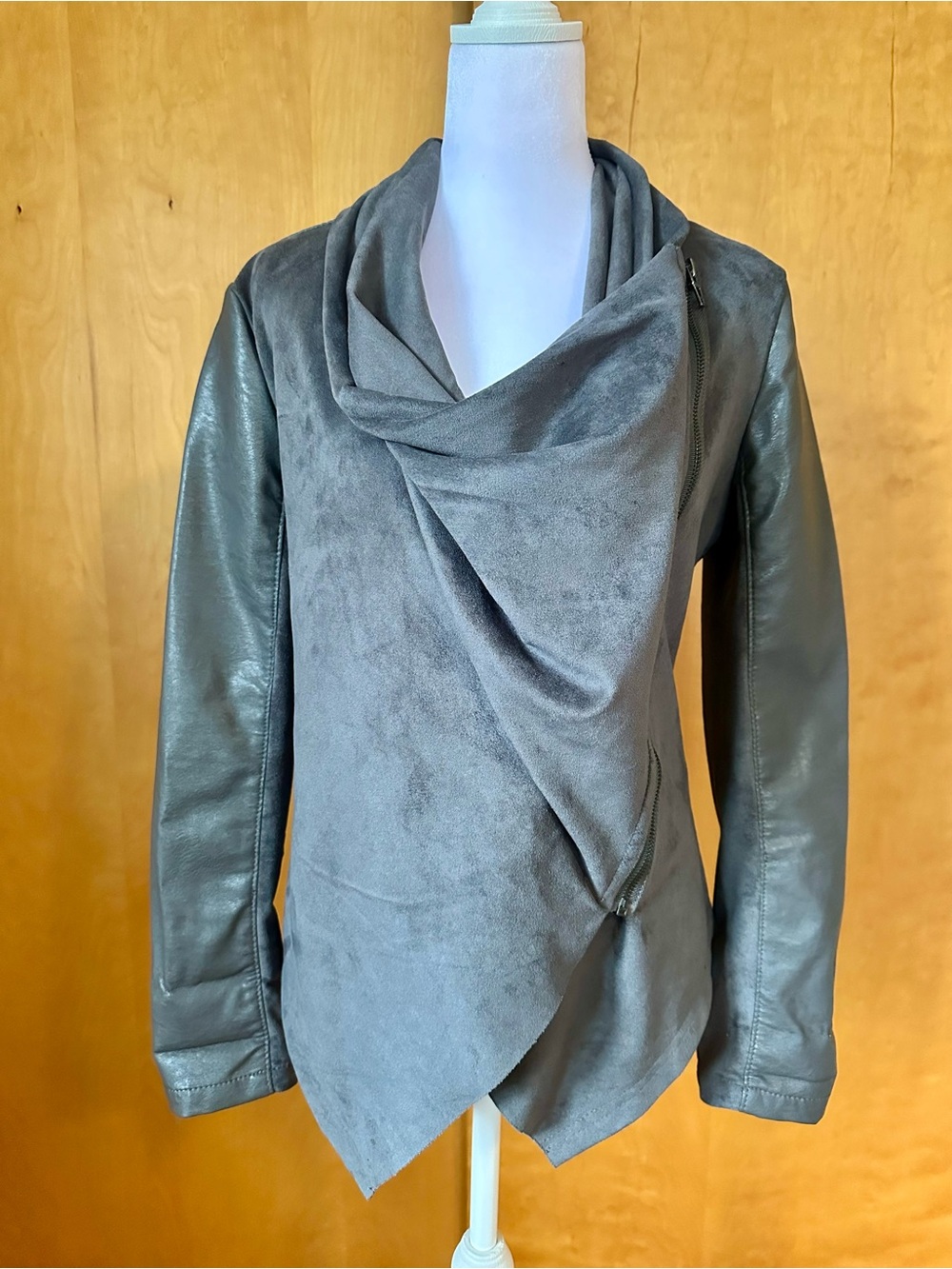 Blank NYC Gray Draped Faux Suede-Body Jacket with Leather Sleeves